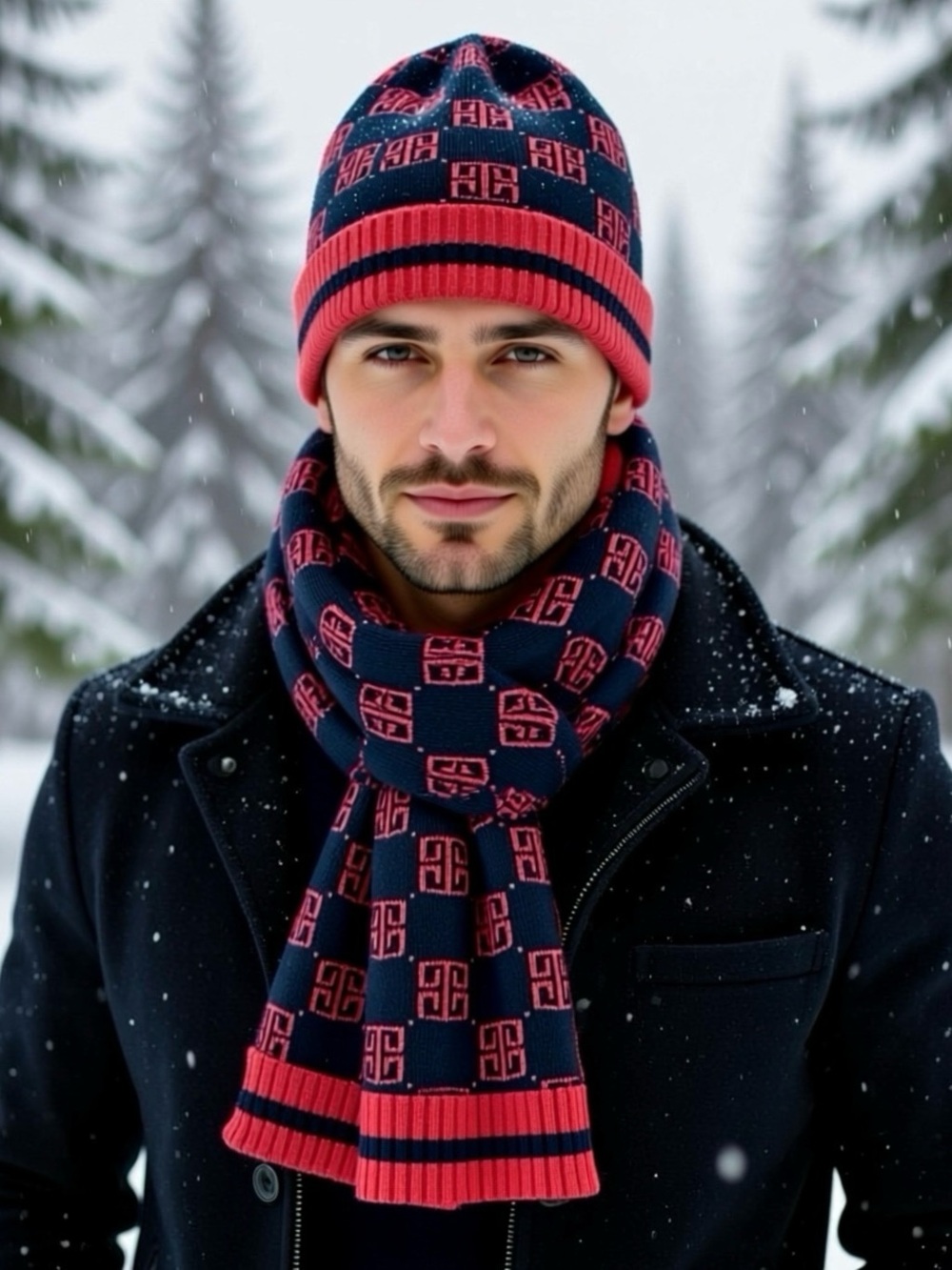 Linea Uomo Men’s Scarf and Beanie Hat Set Geometric Print Holiday Ski Resort